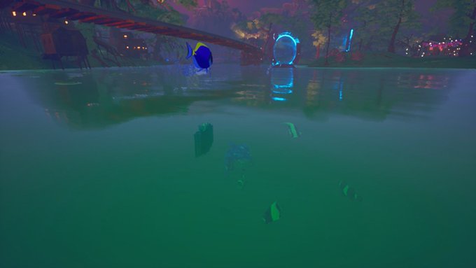 An underwater video game scene shows fish swimming below the surface of a green-tinted body of water, with structures and glowing portals visible above the waterline.