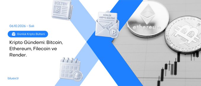 A promotional banner dated 06.10.2026 - Salı titled 'Kripto Gündem: Bitcoin, Ethereum, Filecoin ve Render' from bluex.tr, featuring 3D-rendered visuals of a Bitcoin daily crypto newsletter, Ethereum and Bitcoin coins, a calendar with a bell icon, and a candlestick price chart on the right.