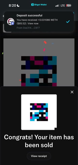 A Bitget Wallet notification confirms a successful deposit of +0.031086 WETH ($85.52) from address 0xe314...C977, with a "Congrats! Your item has been sold" pop-up celebrating the sale—tied to the post's $85k crypto earnings milestone.