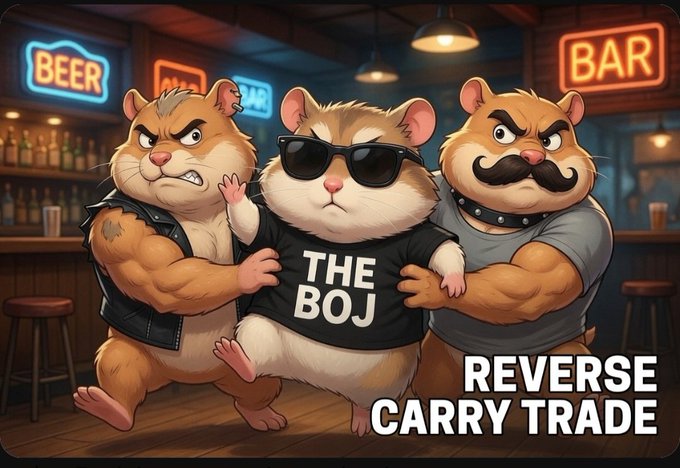 The cartoon depicts three tough-looking hamsters at a bar, with the central hamster wearing sunglasses and a "THE BOJ" shirt being restrained by two muscular hamster bouncers, accompanied by the text "REVERSE CARRY TRADE." The image relates to the post by humorously suggesting that the $XRP market is bracing for the Bank of Japan's looming unwinding of its carry trade, with aggressive "bouncer" forces ready to restrain volatility.