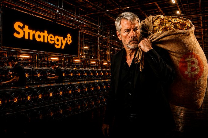 A gray-haired man in black carries a burlap sack marked with a Bitcoin "B" logo past rows of mining hardware beneath a glowing orange "Strategy" sign, visually representing the company's massive unrealized gains on its Bitcoin holdings.
