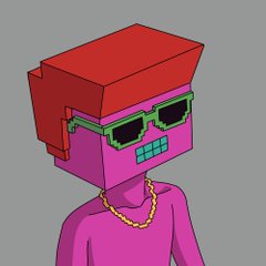 A stylized cartoon character with pink skin, red blocky hair, pixelated green sunglasses, a toothy grin, and a gold chain necklace.