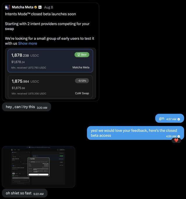 A Telegram chat screenshot with Matcha Meta announcing an 'Intents Mode™ closed beta launch' comparing 1,878.238 USDC (Matcha Meta) vs 1,875.984 USDC (CoW Swap), followed by user messages including 'hey, can i try this' and 'oh shiet so fast'.