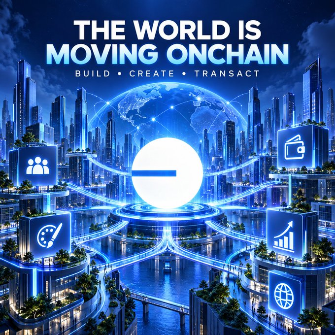A futuristic digital artwork with the text "THE WORLD IS MOVING ONCHAIN - BUILD • CREATE • TRANSACT", featuring a glowing white logo in the center of a high-tech blue cityscape connected by light networks.