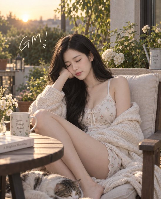 A young woman with long dark hair naps on a cushioned outdoor chair wearing a floral dress and cream cardigan, accompanied by a sleeping cat, with 'GM!' text overlay.