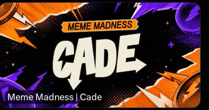 A vibrant graphic with orange and purple comic-style lightning bolts advertising 'MEME MADNESS' featuring the word 'CADE' in bold white letters.
