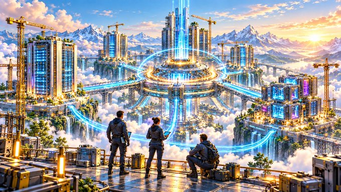 A sci-fi themed scene featuring three figures overlooking a futuristic city with advanced skyscrapers, a central beam of blue light, and mountains in the background.