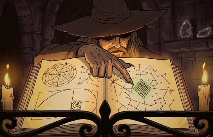 A mysterious wizard in a wide-brimmed hat studies a glowing runic map and cosmic chart by candlelight, with one finger pointing to a highlighted green symbol—evoking the cryptic discovery of ancient, chain-native knowledge. The post's text was cut off, so no specific tickers or names are visible in the image itself, but the wizard's research scene mirrors the theme of uncovering fundamental, onchain primitives for autonomous AI agents.