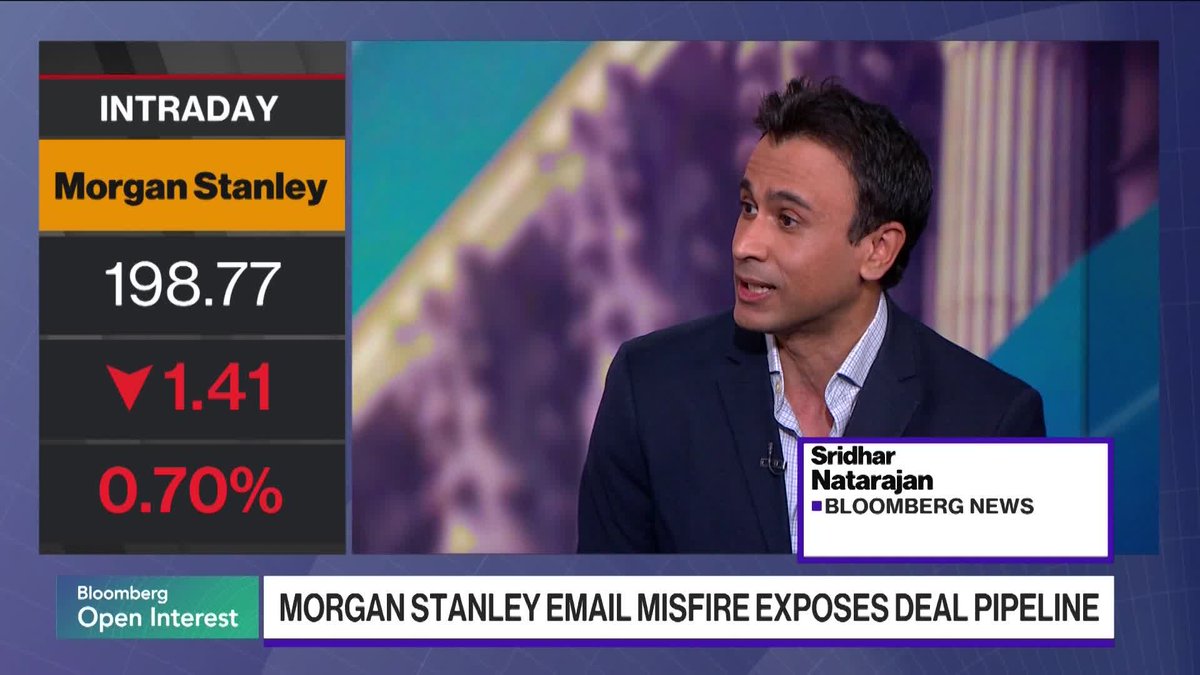 A Bloomberg News broadcast featuring Sridhar Natarajan discussing Morgan Stanley, with an on-screen ticker showing MS stock at $198.77, down $1.41 (0.70%), and a headline about a Morgan Stanley email misfire exposing a deal pipeline.