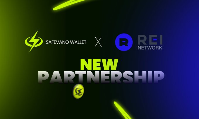 A promotional graphic announcing a new partnership between Safevano Wallet and REI Network, featuring both logos flanking an "X" above bold "NEW PARTNERSHIP" text against a gradient green-to-blue background. The post highlights the collaboration as a strategic milestone, emphasizing REI Network's high-performance, zero-fee EVM-compatible blockchain capabilities for DeFi, AI, gaming, NFTs, and Web3 applications.