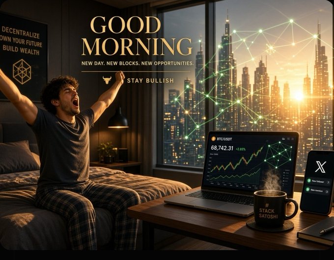 A digital illustration showing a man stretching happily in bed at sunrise with the text 'GOOD MORNING, NEW DAY. NEW BLOCKS. NEW OPPORTUNITIES. STAY BULLISH' and a laptop displaying a bullish BTC/USDT chart at 68,742.31 (+2.85%), alongside a coffee mug labeled 'STACK SATOSHI'.