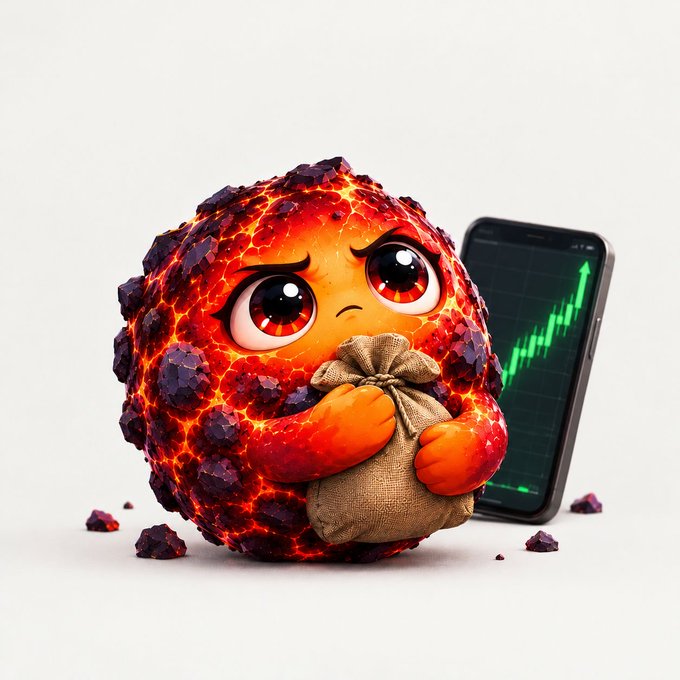 A 3D-rendered cartoon lava creature with large red eyes clutches a burlap sack while standing in front of a smartphone displaying a green rising stock chart.