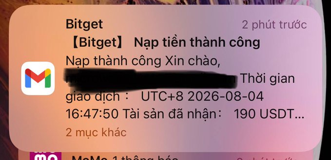 A Vietnamese Bitget notification shows a successful deposit of 190 USDT dated UTC+8 2026-08-04 at 16:47:50 ("Nạp tiền thành công").