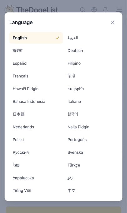 A language selection menu on TheDogeList website showing English is currently selected, with options including Arabic, Bengali, Deutsch, Español, Filipino, Français, Hindi, Hawai'i Pidgin, Armenian, Bahasa Indonesia, Italiano, Japanese, Korean, Nederlands, Naija Pidgin, Polski, Português, Russian, Swedish, Thai, Turkish, Ukrainian, Urdu, Vietnamese, and Chinese.