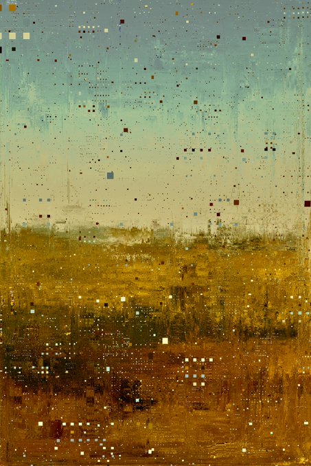 An abstract digital painting of a landscape with a golden/ochre field under a pale teal sky, scattered with small colorful square pixel-like marks.