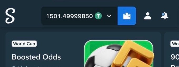 The image shows a betting/sportsbook website interface with a balance of "1501.49999850" T (Tether/USDT) and a "Boosted Odds World Cup" promotion featuring a soccer ball and goal graphic. The post appears to be using the displayed balance as proof of funds, offering to send $150 to users whose profile pictures they like, likely to solicit engagement or grow followers.