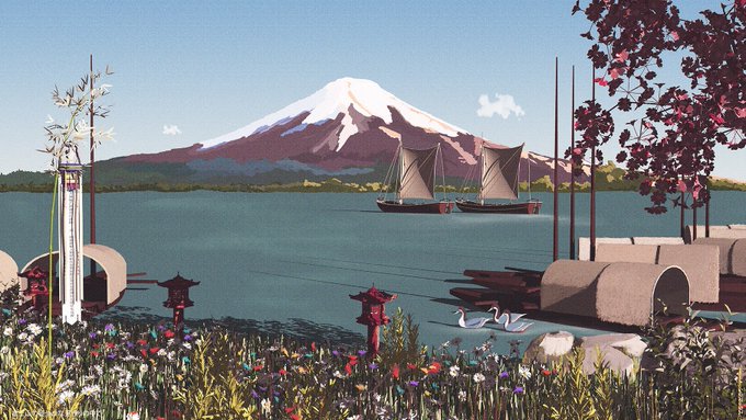 A stylized illustration of a serene landscape featuring a snow-capped Mount Fuji, a sailing ship on calm waters, cherry blossoms, and swans in the foreground.