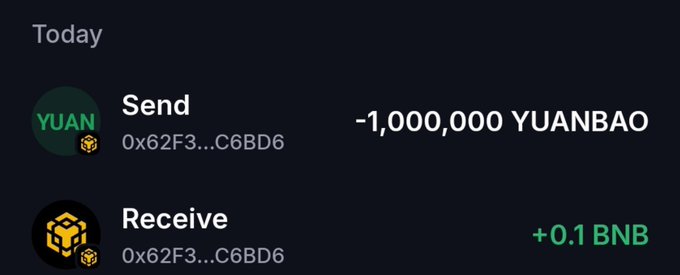 A dark-themed crypto transaction interface displays 'Today' with a 'Send' of '-1,000,000 YUANBAO' from address '0x62F3...C6BD6' and a 'Receive' of '+0.1 BNB'.