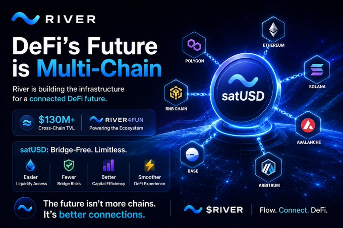 The image features a poster for River that highlights the concept of DeFi's future as multi-chain. It includes various symbols representing different aspects of DeFi, such as coins, tokens, and logos related to cryptocurrency and blockchain technology. The poster also mentions the use of $satUSD for minting across chains, which can improve liquidity and user experience in the DeFi ecosystem.