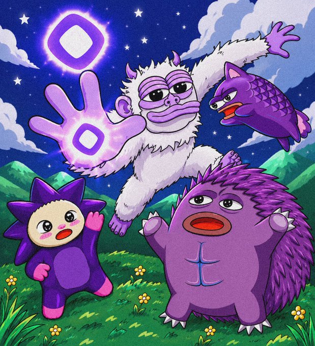 The image features a cartoon illustration of four cartoon characters, including a white yeti with horns, a purple hedgehog, and two other cartoon animals. The scene takes place outdoors, with the characters standing in a grassy field under a starry night sky. The post also mentions that it is related to "Its a Yeti thing 0xAcbF5437B821464Ac1776df36F83072a71877777".