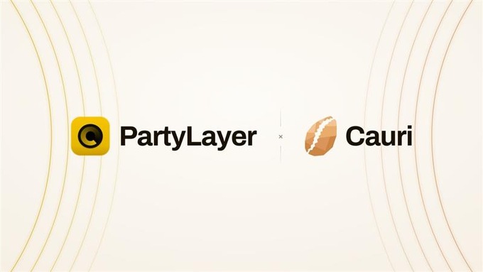A graphic on a beige background with curved lines displaying two logos: a yellow square with a 'P' next to the text 'PartyLayer' and a brown oval with a leaf design next to the text 'Cauri', separated by a small 'x'.