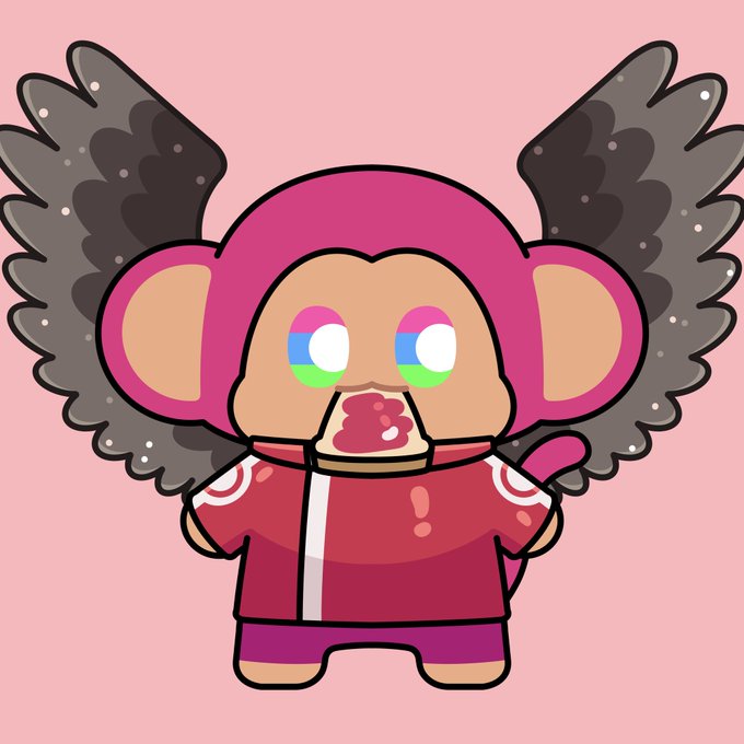 A cartoon chimpanzee character with black wings, a pink helmet, and a red jacket holds a slice of toast covered in red jam, with rainbow-colored eyes—visually representing one of the rare "Chimpers" NFTs mentioned in the post about the limited 5,555 collection and 100 Genesis 1/1s.