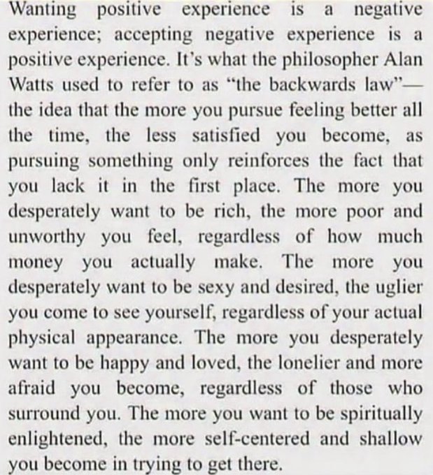 A philosophical text excerpt discussing 'the backwards law' attributed to philosopher Alan Watts, explaining how wanting positive experiences is a negative experience while accepting negative experiences is positive.
