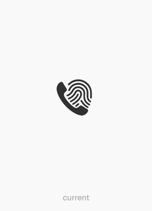 A minimalist black icon merges a telephone receiver with a fingerprint, with the word 'current' appearing below.