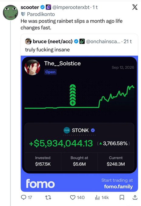 A screenshot of an X (formerly Twitter) post by scooter (@imperooterxbt) saying 'Parodikonto He was posting rainbow slips a month ago life changes fast.' Below is a reply from bruce (neet/acc) (@onchainsca...) with the text 'truly fucking insane', containing a Fomo.family trading card for 'The__Solstice' dated Sep 12, 2026, showing a token called STONK with +$5,934,044.13 (3,766.58%), invested $157.5K, bought at $5.6M, current value $248.3M. The post has 17 replies, 140 likes, 14k views.