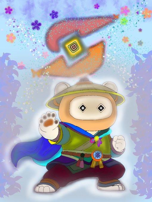 Colorful digital artwork of a cute bear-like character wearing a ranger hat, green tunic, and blue cape, with a magical swirling symbol above its head against a pastel sky with flowers.