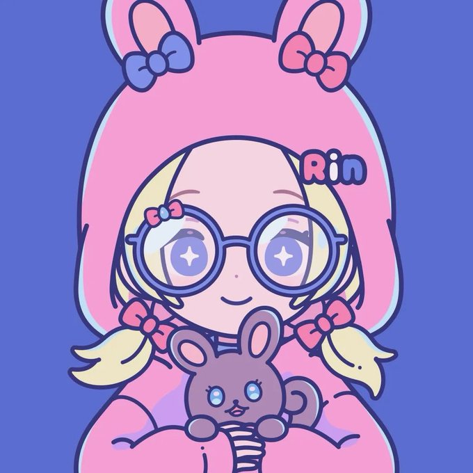 A pastel-colored digital illustration of a girl with blonde hair, round glasses, and a pink bunny-eared hood labeled 'Rin,' holding a small gray bunny plushie.