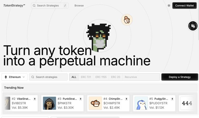 Screenshot of the TokenStrategy website with the headline 'Turn any token into a perpetual machine,' showing a trending list of token strategies like VibeStrat, PunkStrat, and ChimpStrat.