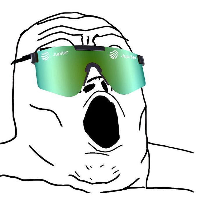 A line-drawn meme face with a wide-open mouth wearing green mirrored sunglasses with 'Jupiter' logos on both lenses.