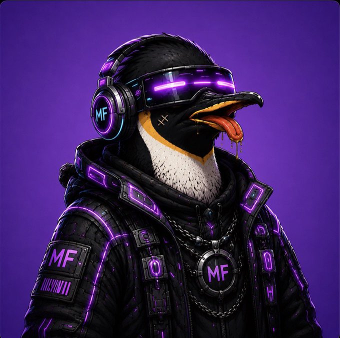 A stylized digital illustration of a penguin wearing purple neon-lit cyberpunk gear, including headphones labeled 'MF', goggles, and a jacket with 'MF' patches.