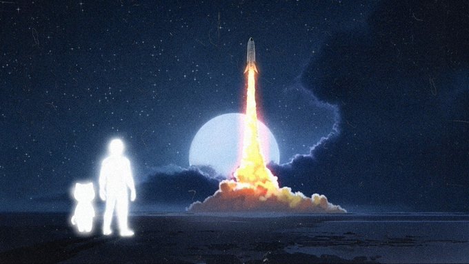 A digital illustration showing a glowing astronaut figure with a small companion watching a rocket launch from a lunar-like landscape against a starry night sky with a large moon or planet in the background.