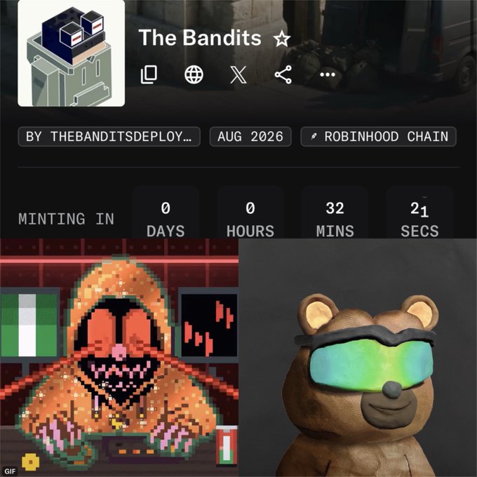 An NFT project page for 'The Bandits' by THEBANDITSDEPLOY on the Robinhood Chain, showing a minting countdown timer and pixel art illustrations of bear-like characters.