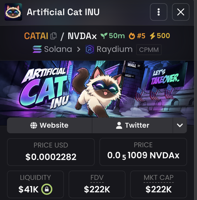 A screenshot of the $CATAI (Artificial Cat INU) token page on a DEX showing it is paired with $NVDx on Solana via Raydium, priced at $0.0002282 with $41K liquidity and a $222K market cap. The accompanying post promotes $CATAI as a meme coin opportunity, urging users not to "fade" it and to interact, aligning with the image's display of the token's early-stage metrics.