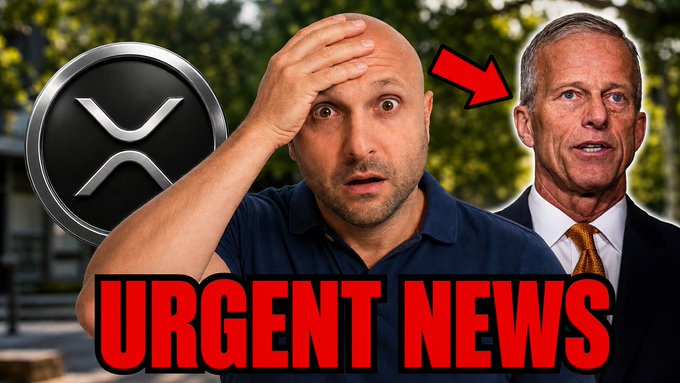 A YouTube thumbnail shows a shocked man with his hand on his head next to an XRP logo and a photo of a suited man, with a red arrow pointing to him and bold red "URGENT NEWS" text overlaid — visually framing the post's announcement about the November ISO 20022 launch and on-chain AI settlement as critical, time-sensitive developments for $XRP holders.