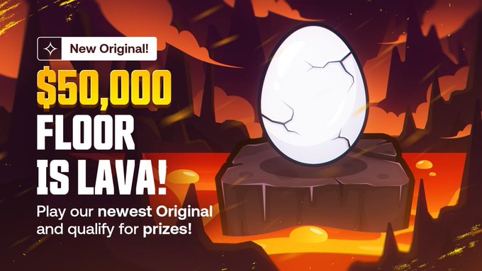 A promotional graphic advertises a 'FLOOR IS LAVA' game with a '$50,000' prize, featuring a cracked egg on a rock in a fiery lava landscape with the label 'New Original!'.