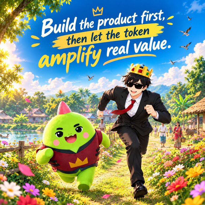 An illustrated scene showing a man in a black suit, sunglasses, and gold crown running alongside a green cartoon mascot wearing a red tunic, set against a colorful village backdrop with the text 'Build the product first, then let the token amplify real value.'