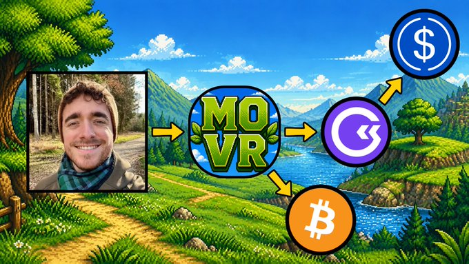 A video thumbnail shows a man's photo on the left connected by arrows to a 'MOVR' coin logo, which then points to other cryptocurrency logos like Bitcoin and a purple coin, set against a bright cartoon landscape.