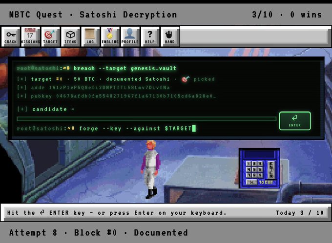 A retro-style video game screen titled 'MBTC Quest - Satoshi Decryption' shows a terminal interface with Bitcoin hack commands and a pixelated character below.