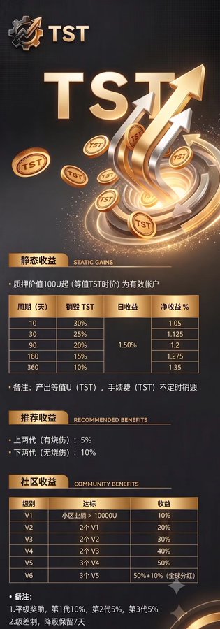 The image shows a promotional graphic for TST coin detailing its staking rewards structure, including static gains (1.50% daily with 1.05-1.35% net returns over 10-360 days), recommended referral benefits (5-10%), and community tier benefits (V1-V6 ranging from 10-50%+10% global dividend). The image directly relates to the post as it visualizes the $TST "ground push" scheme the friend mentioned, illustrating the typical structure of these promotional fund schemes targeting Binance-listed projects with promises of daily ROI and referral commissions.