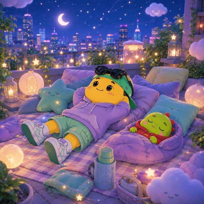 A cozy 3D-rendered illustration of a cute yellow character in a purple hoodie and green backwards cap relaxing on cushions on a rooftop at night, with a small green creature nearby, surrounded by string lights and a city skyline under a crescent moon.