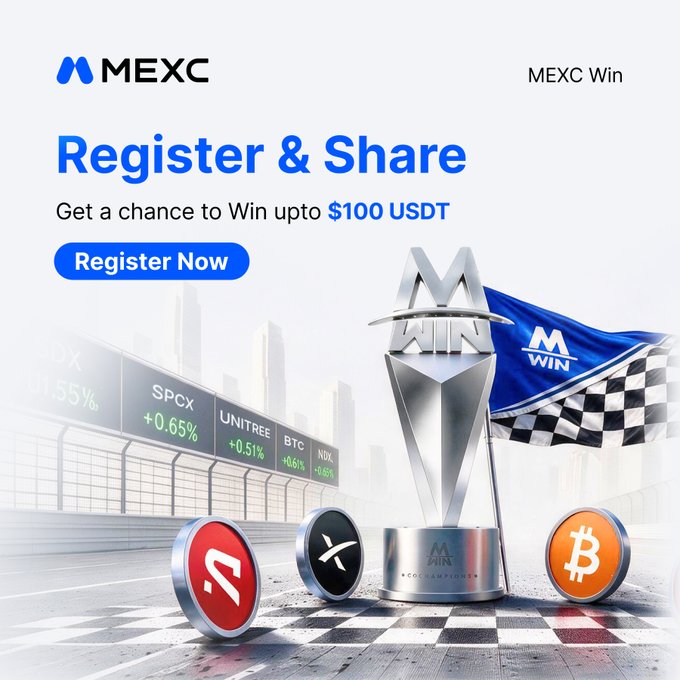 A promotional advertisement for MEXC crypto exchange, featuring the text 'Register & Share' and 'Get a chance to Win upto $100 USDT' alongside a silver trophy and various cryptocurrency tokens.