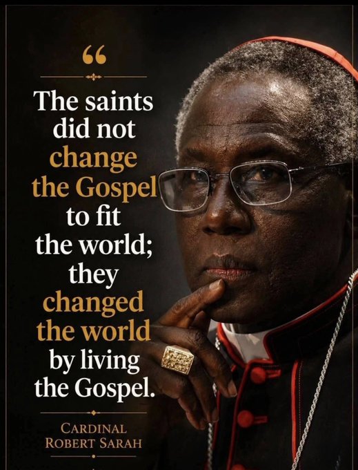 A quote graphic featuring Cardinal Robert Sarah with the text: 'The saints did not change the Gospel to fit the world; they changed the world by living the Gospel.'