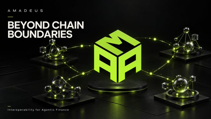 Promotional graphic for Amadeus featuring a green cube logo and the tagline 'BEYOND CHAIN BOUNDARIES - Interoperability for Agentic Finance' displayed against a dark background with glowing network nodes.