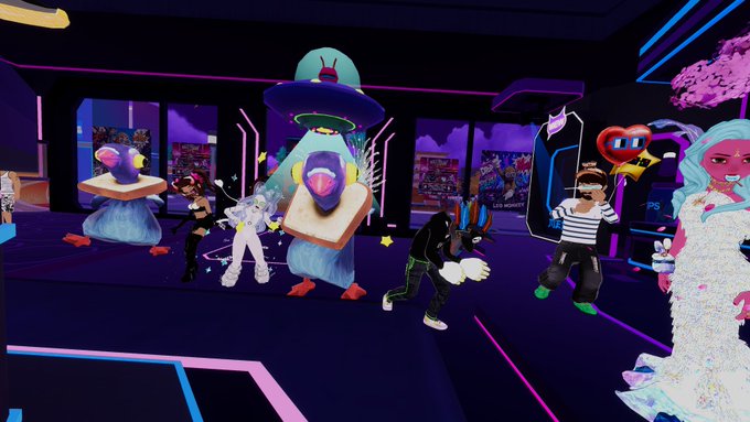 A vibrant screenshot from a virtual reality game or platform (likely VRChat) showing multiple colorful avatars dancing together in a neon-lit nightclub environment with purple and pink lighting.