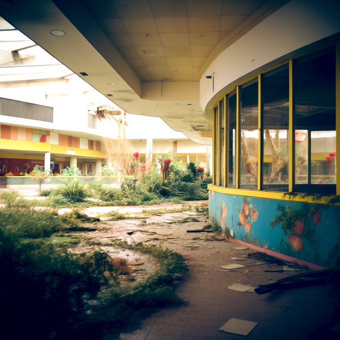 An abandoned, overgrown indoor shopping mall features decaying tile floors, colorful wall murals, and vegetation reclaiming the space under natural light.