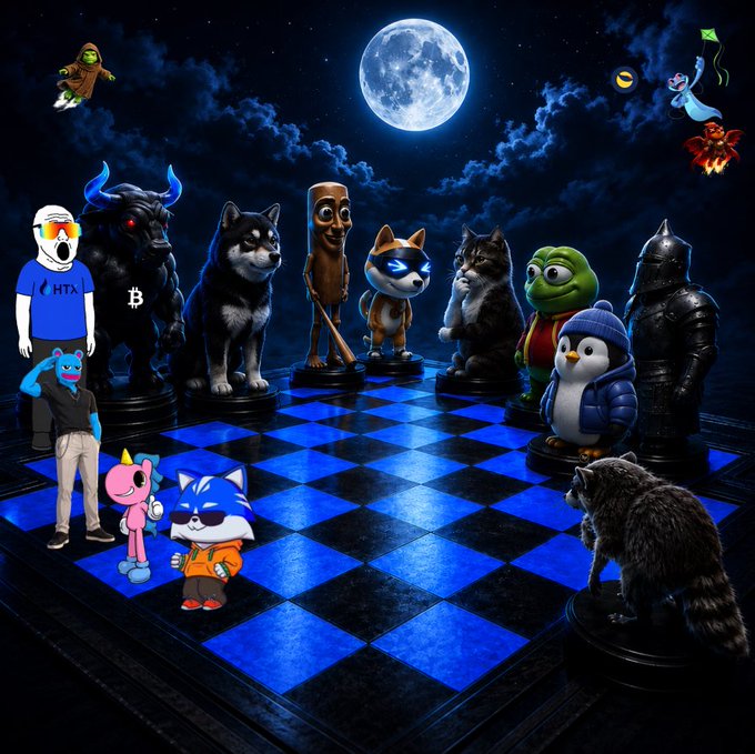 A digital artwork depicting a chessboard scene at night under a full moon, where crypto-themed pieces replace traditional chess figures, including a Bitcoin bull, Doge/Shiba Inu dogs, a Pepe frog, a Pudgy Penguin, a Kokeshi doll, an HTX ghost, and a black knight.